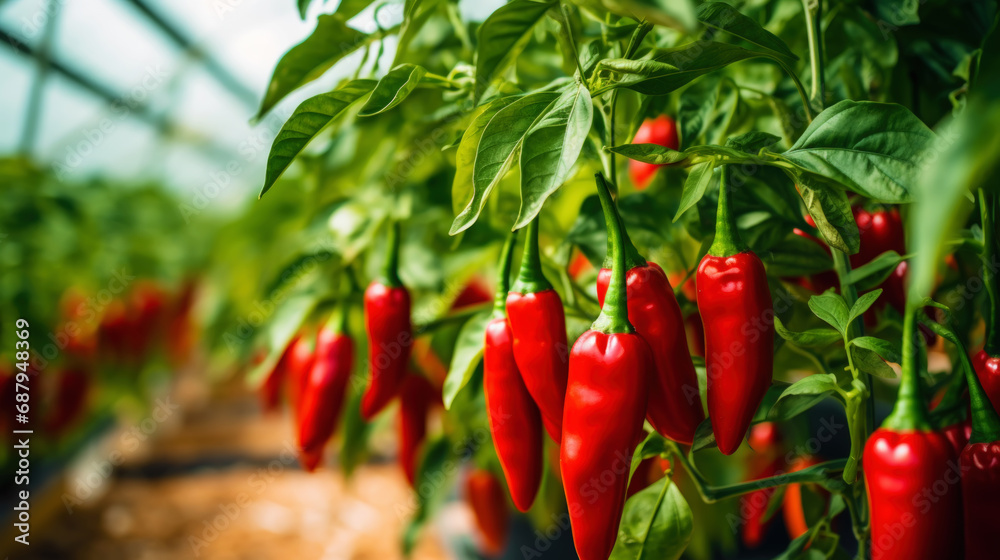ripe red hot pepper growing on a bush in a greenhouse. Organic agriculture concept. Generative AI ripe red hot pepper growing on a bush in a greenhouse. Organic agriculture concept. Generative AI