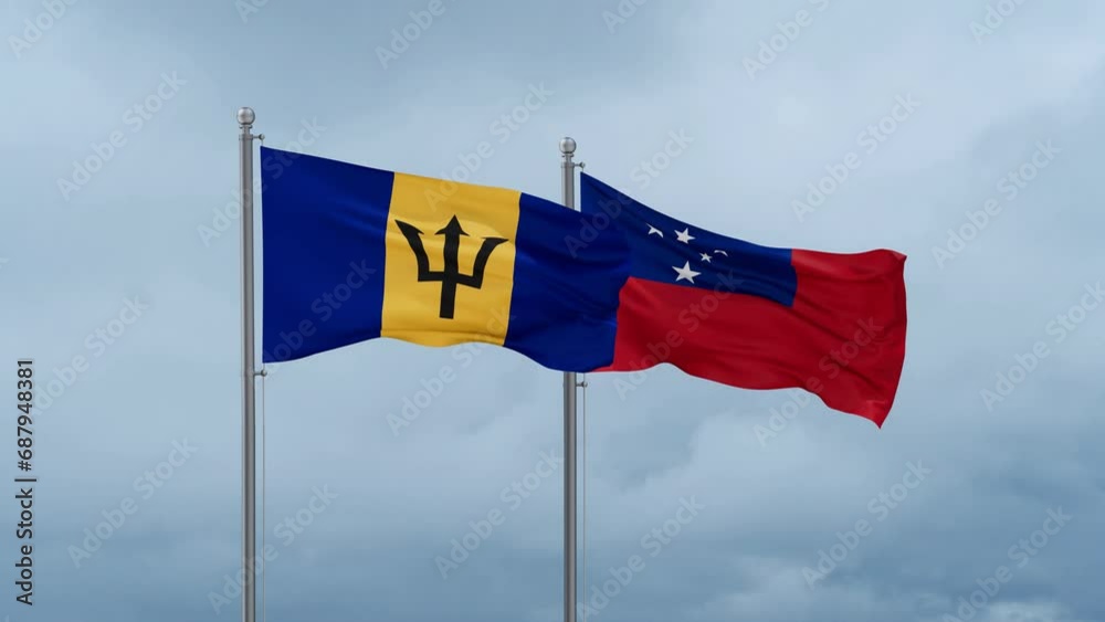 Samoa and Barbados flag waving together on cloudy sky, endless seamless loop, two country cooperation concept Samoa and Barbados flag waving together on cloudy sky, endless seamless loop, two country cooperation concept