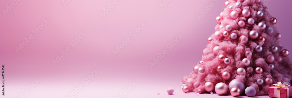 Obraz premium Pink Christmas background with New Year tree. Copy space. Generative AI