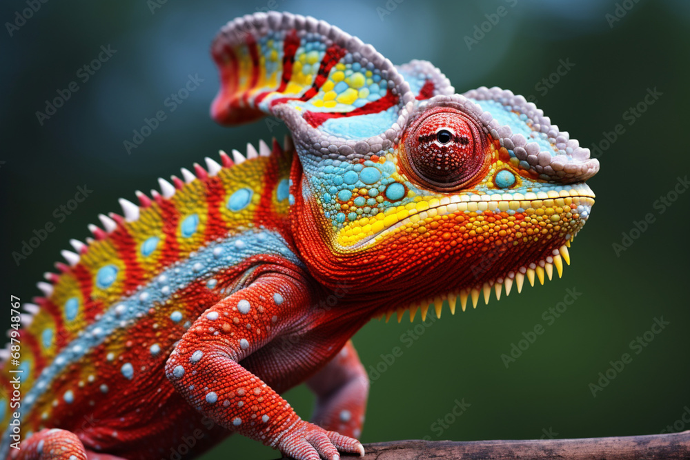 A colourful close up chameleon with a high crest on it A colourful close up chameleon with a high crest on it