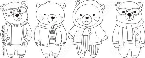 bear cubs character, cartoon coloring book sketch, vector