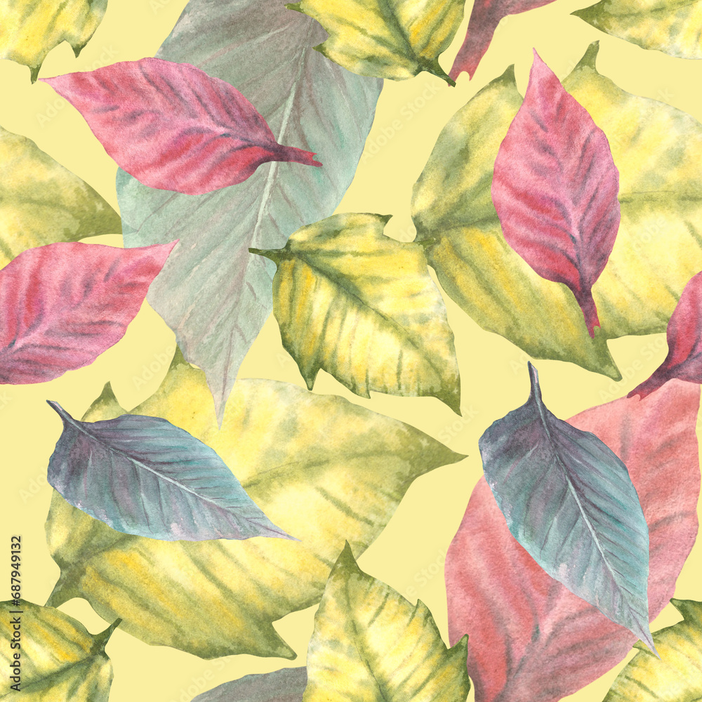 Foliage seamless pattern with colorful leaves of red, yellow and green poinsettia plant Watercolor hand draw illustration. Isolated coloured background, wallpaper, wrapping paper, textile cover prints