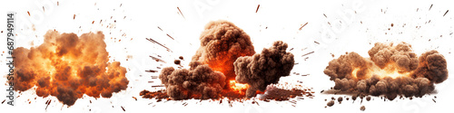 Engulfing the Canvas in Flames: 3 Explosions with Fiery Infernos and Billowing Smoke, an Illuminating Display of Intense Heat and Radiant Energy on a Transparent Background