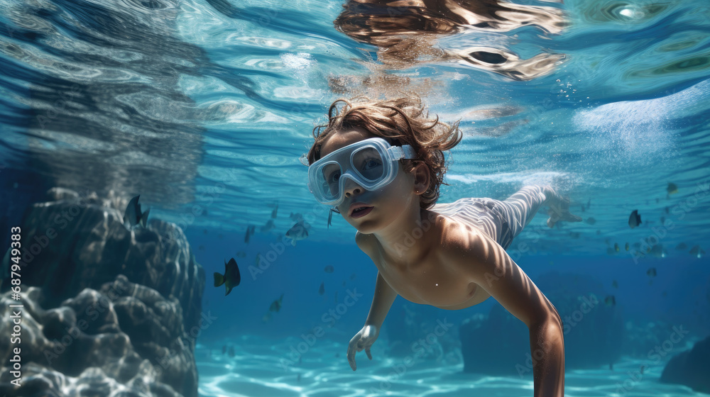 Naklejka premium Boy Snorkeling. Boy Watching Marine Life in Transparent Ocean