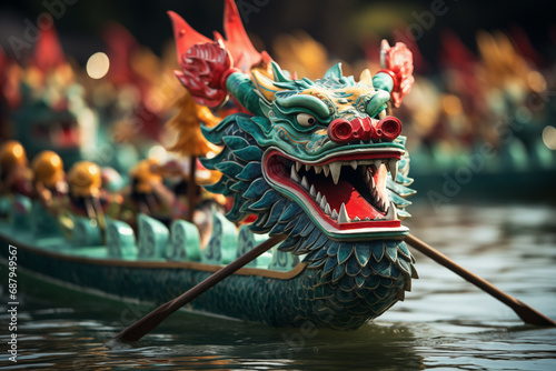 Fotografia Dragon Boat Race with Emerald Dragon Decoration on the river