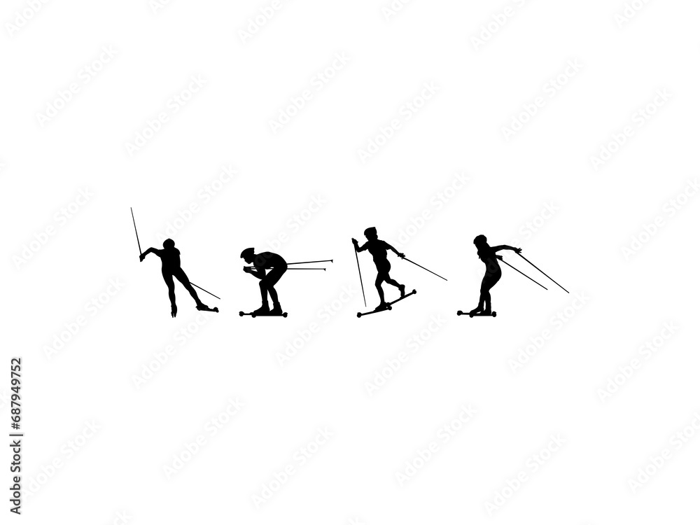 Fototapeta premium Set of Woman Roller skiing Silhouette in various poses isolated on white background