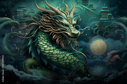 Emerald Green Dragon Year Calendar Illustration. Symbol of the year 2024. Chinese New Year
