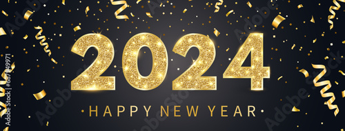 2024 light glitter number and golden confetti. Happy New Year greeting card. Merry Christmas border with text and decor. Congratulation party banner. Gold and black celebration. Vector illustration
