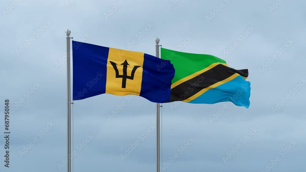 Tanzania and Barbados flag waving together on cloudy sky, endless seamless loop, two country cooperation concept Tanzania and Barbados flag waving together on cloudy sky, endless seamless loop, two country cooperation concept