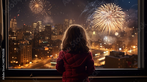 A young girl looks at the fireworks celebrating Christmas and New Year's Day. Through the window in my own room Christmas and New Year's Day concepts