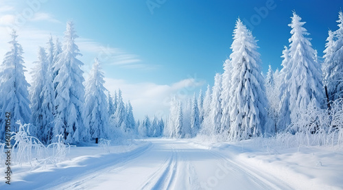 Panorama of beautiful winter parks and Beautiful trees in winter landscape in the late evening in snowfall copy space