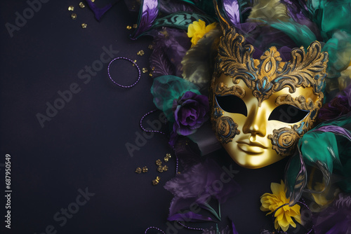 Mardi gras carnival concept - green, yellow and purple mask with decorations