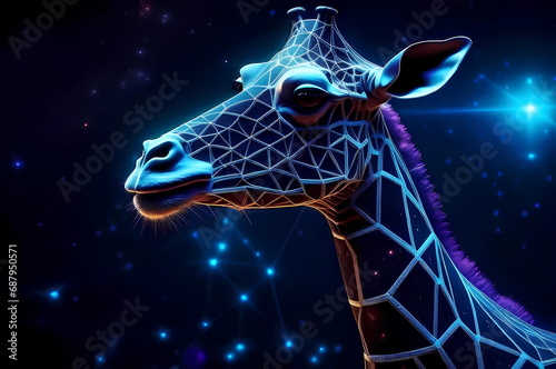 Space fantasy giraffe on the background of the starry sky. Neon.