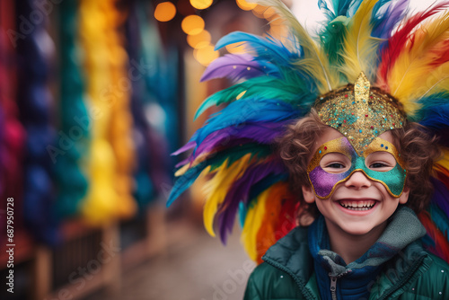 Mardi gras concept - happy child during Mardi gras parade outside wears costume photo