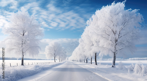 Panorama of beautiful winter parks and Beautiful trees in winter landscape in the late evening in snowfall copy space
