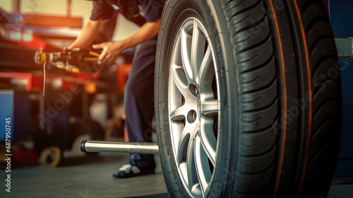 Car Maintenance Service. Technician Inflating Tire for Transportation Safety © aznur