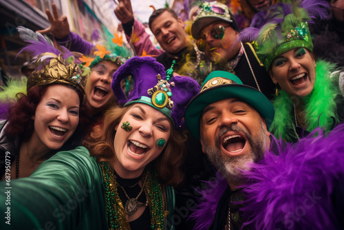 Mardi gras concept - happy people celebrate and dance during the parade outside photo