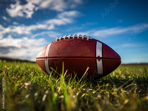 American football ball is lying on the grass