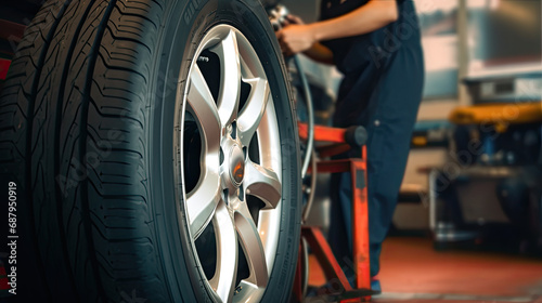 Car Maintenance Service. Technician Inflating Tire for Transportation Safety