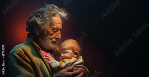 Grandpa hold grandson in arms. Copy space. photo