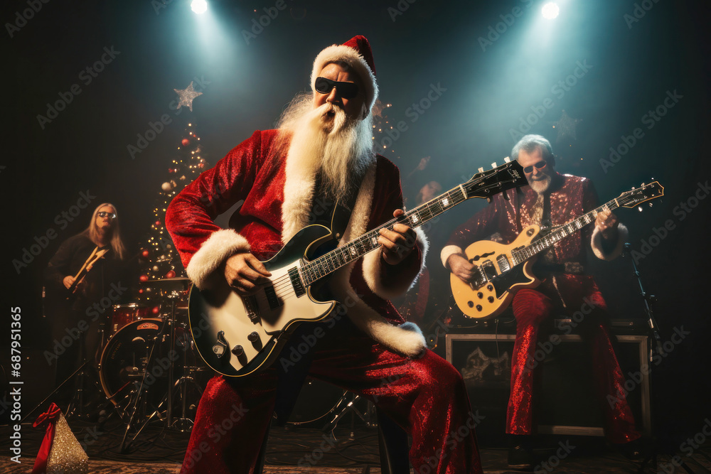 Obraz premium New Year's Party. New Year's Eve concert with Santa Claus and lively rock band