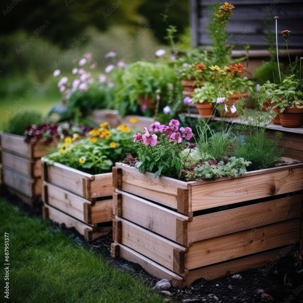 Wooden raised garden beds filled with various herbs in a sunny outdoor setting, creating a serene and natural atmosphere. Soft focus. Wooden raised garden beds filled with various herbs in a sunny outdoor setting, creating a serene and natural atmosphere. Soft focus.