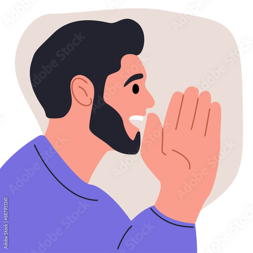 Man nice attractive cheerful whispers. Side view of a man speaking secrets, promo good news. Close-up profile. Vector illustration flat design. 