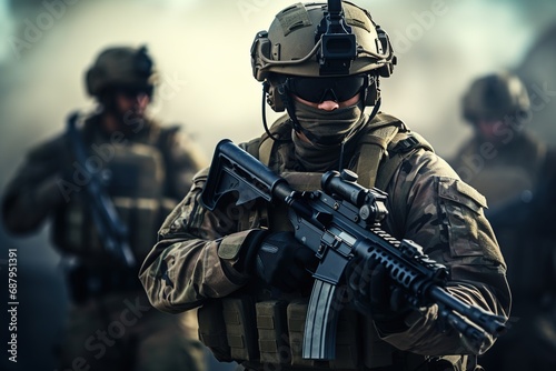 Army soldiers in Protective Combat Uniform holding Special Operations Forces Combat Assault Rifle © Boraryn