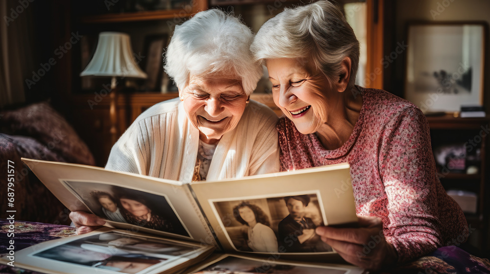 Elderly lesbian couple looking through old photo albums - obrazy, fototapety, plakaty 