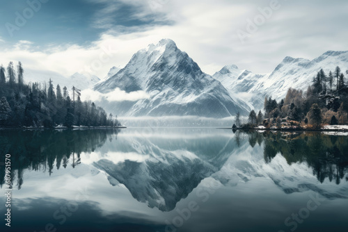 Inverted Mountains Reflected in Calm Lake