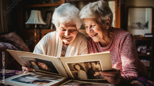 Elderly lesbian couple looking through old photo albums