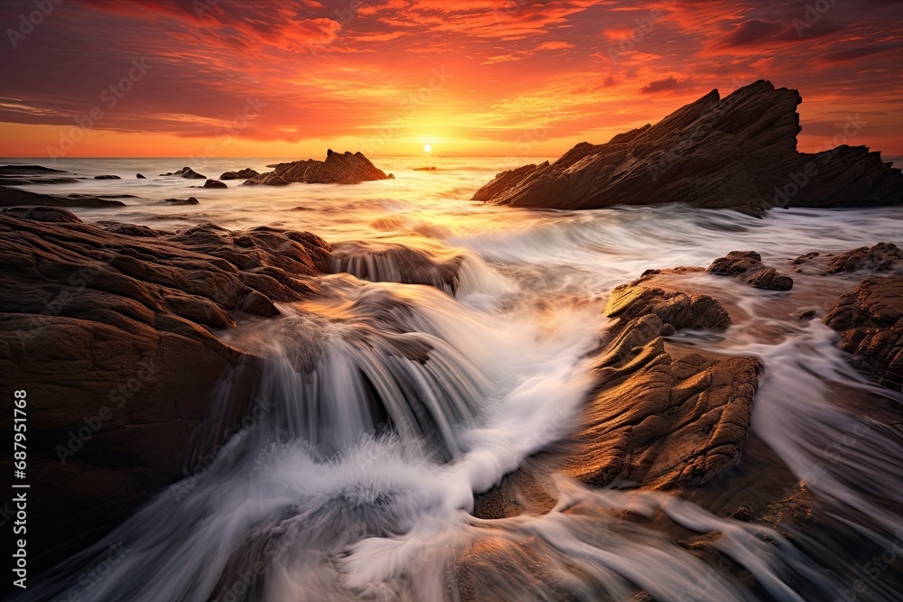 Long exposure seascape capturing the continuous motion of flowing waves during sunset.