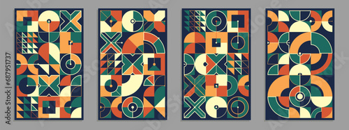 Geometric vector posters and covers in Bauhaus style, layout for advertisement sheet in native ceramic colors, tech engineering style shapes mechanical.