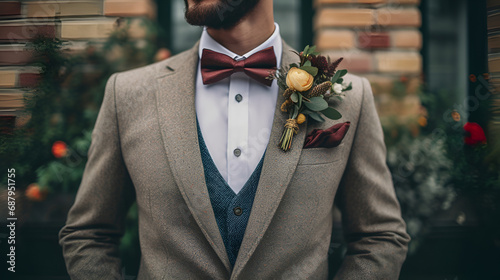 Grooms chic floral boutonniere enhances wedding style photo