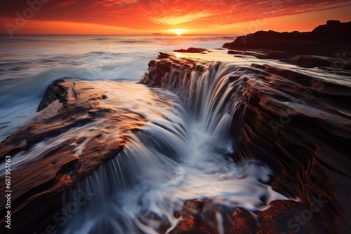 Long exposure photo capturing the continuous motion of waves during sunset.
