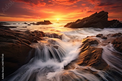 Long exposure seascape capturing the continuous motion of flowing waves during sunset.