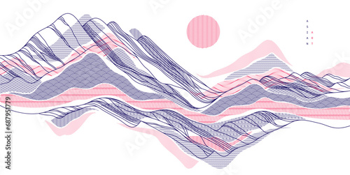Abstract oriental Japanese art vector background, traditional style design, wavy shapes and mountains terrain landscape, runny like sea lines.