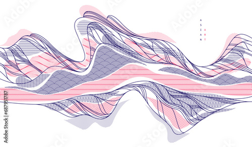 Abstract oriental Japanese art vector background, traditional style design, wavy shapes and mountains terrain landscape, runny like sea lines.