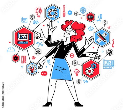 Engineer working on a project, mechanic specialist doing his job on draft plan vector outline illustration, creative inventor, machine repair.