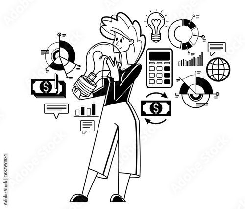 Business idea light bulb in a hands of creative successful woman entrepreneur, business person thinking and have an insight about solution and development, vector.