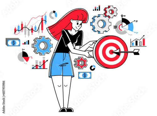 Business goal vector outline illustration, business strategy entrepreneur woman developing and managing his plan, motivation and target.