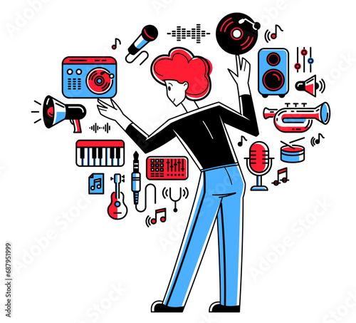 Music producer composing new track vector outline illustration, sound engineer doing his job in recording studio, composer creating audio mix.
