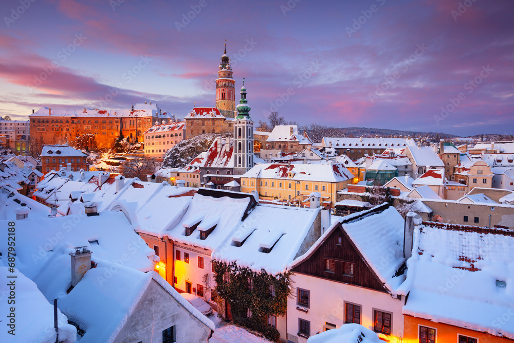 Cesky Krumlov, Czech Republic. Aerial cityscape image of Cesky Krumlov, Czech Republic at beautiful winter sunset.
