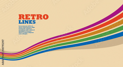 Retro style abstract background with curve lines in all colors of rainbow, 3D dimensional seventieth vector art.