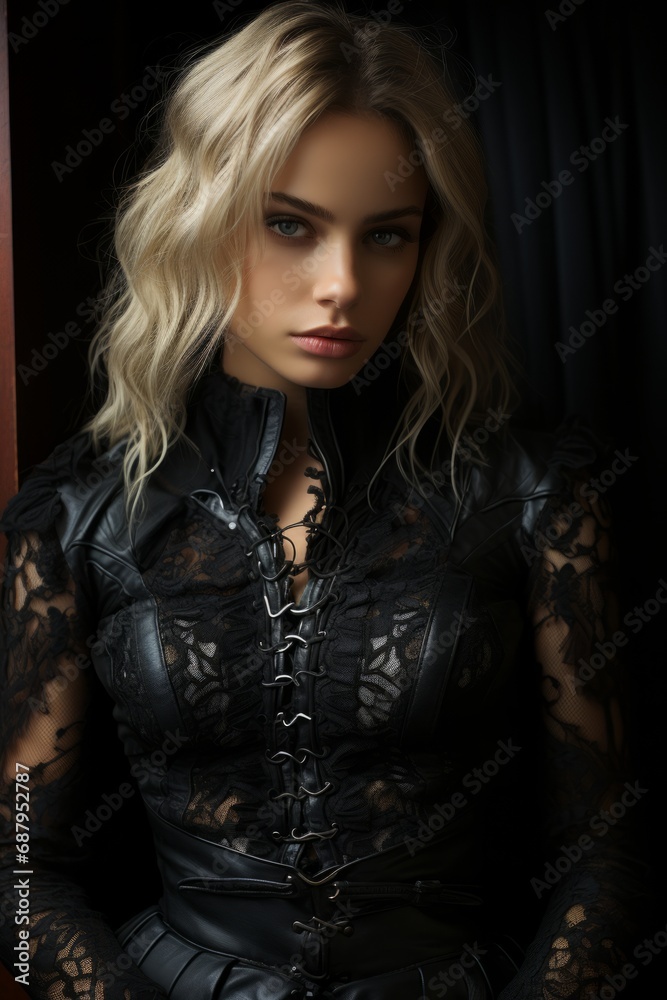 Fashion model in a leather and lace fashion story, combining edginess with elegance, Generative AI