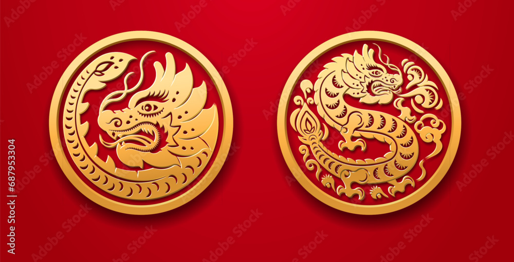 Red dragon zodiac symbol, Chinese New Year 2024 round banner or coin with lunar character. Asian horoscope decoration for spring festival, greeting card and tattoo design element, lunar calendar sign - obrazy, fototapety, plakaty 