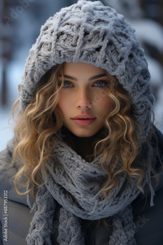 Fashion model in a winter wonderland, wearing cozy and stylish cold-weather attire, Generative AI