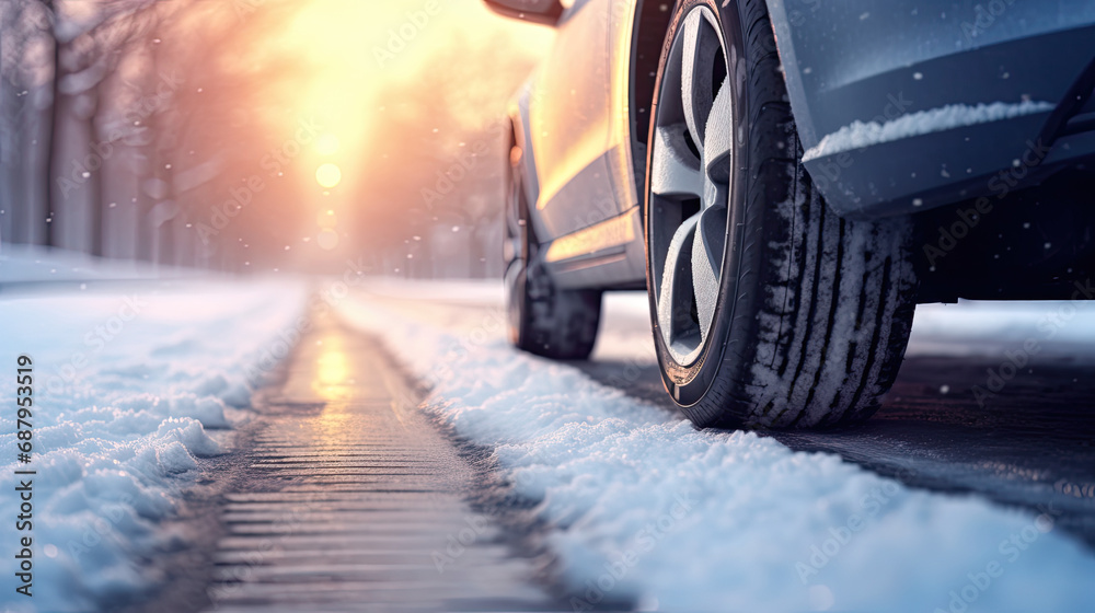 Car Tires on Snow-Covered Road During Morning Snowfall. Winter Driving