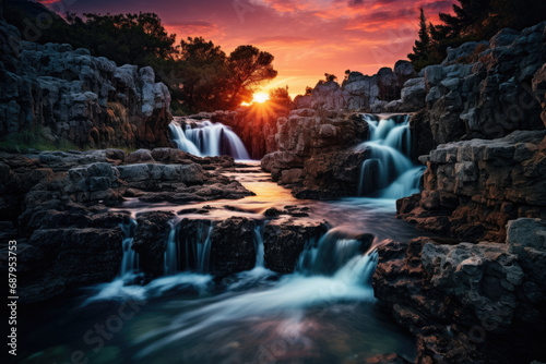 Illuminated Waterfall in Twilight Ambience