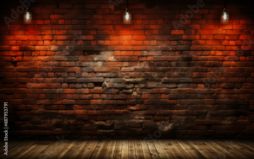 Vintage textured red brick wall with spotlight shining in the center, ideal for backgrounds or as a grunge design element photo